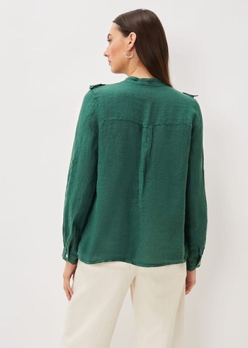 Phase Eight Enid Linen Frill Shirts Dark Green Canada | ERGHTA-532